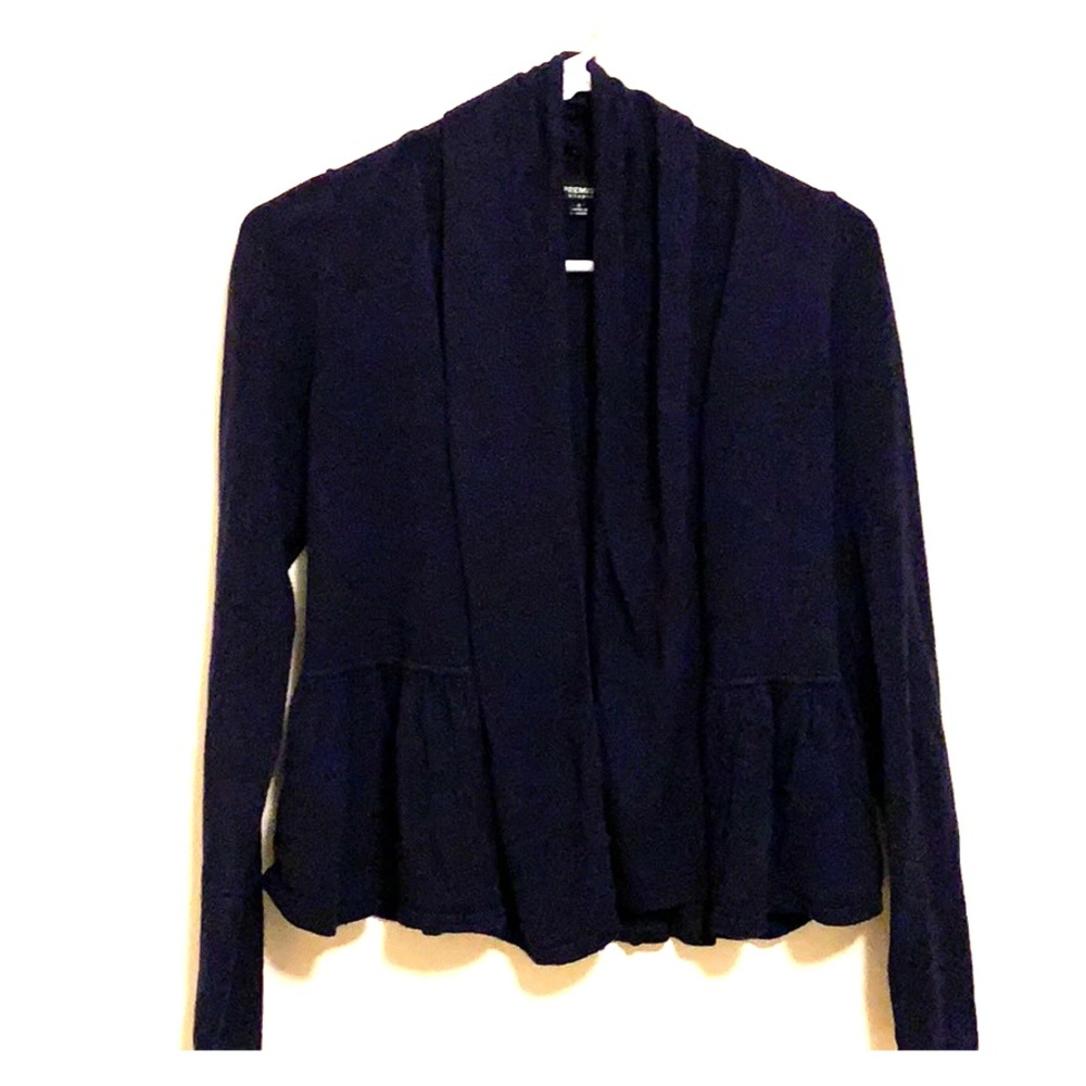 Ruffled hem cardigan. Navy blue